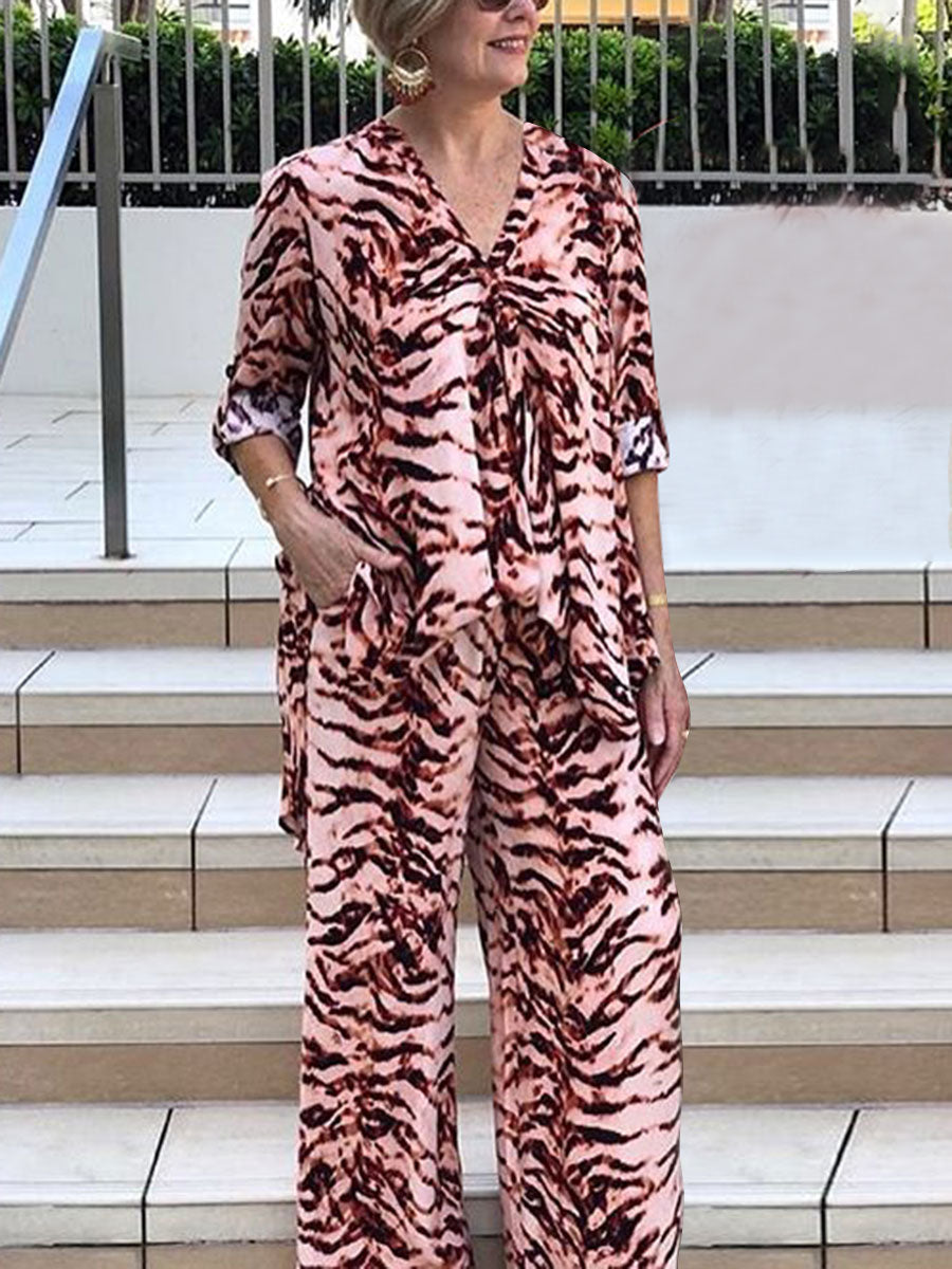Leopard Print V-Neck Loose Casual Two-Piece Suit