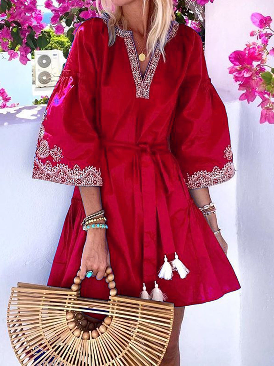 Bohemian V-neck High Waist Loose Casual Dress