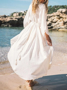 Beach Sexy Tied-Collar Long Sleeve Hem Slit Casual Dress