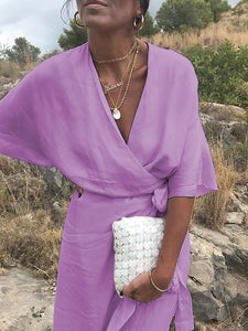 Casual Solid Color V-neck Tunic Dress