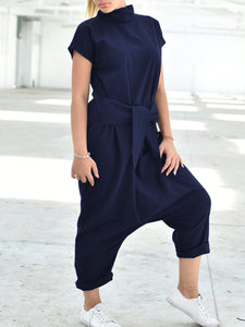 Casual Loose Solid Color Short Sleeve Jumpsuit