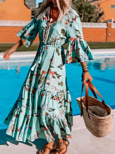 Bohemian Fashion Print Flared Sleeve Dress