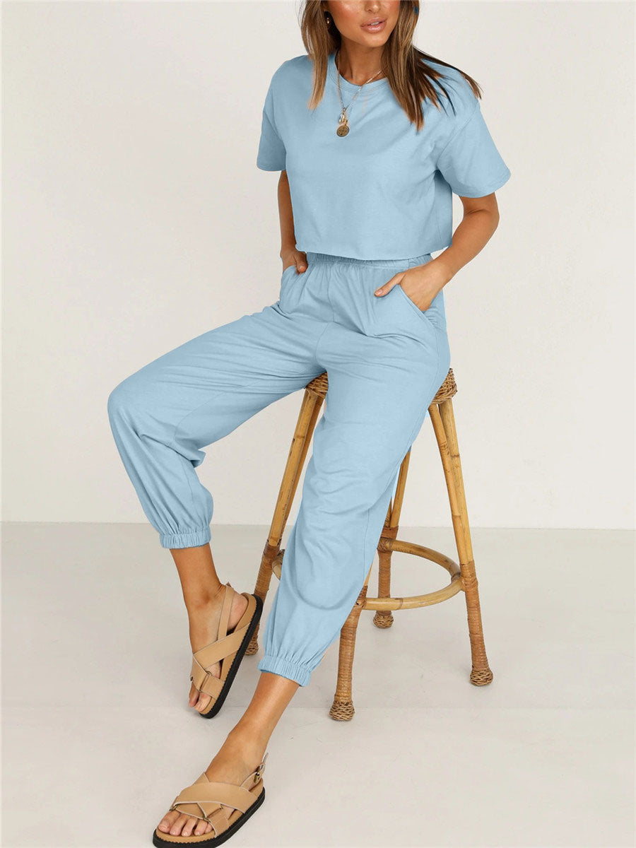 Simple Casual Loose Round Neck Short Sleeve Top Pants Suit