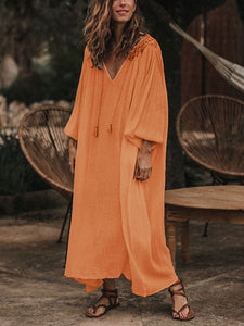 Casual Long Sleeve Round Neckline Printed Solid Color Dress
