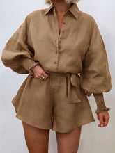 Load image into Gallery viewer, Casual Solid Color Lapel Puff Sleeve Tie Jumpsuit
