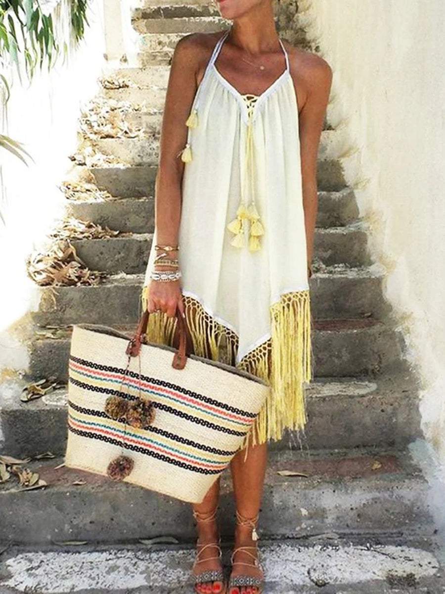 Sleeveless V Neck Beach Holiday Boho Tassel Hem Dresses