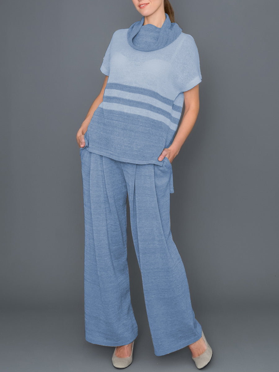 Turtleneck Striped Short Sleeve Top Pants Suit