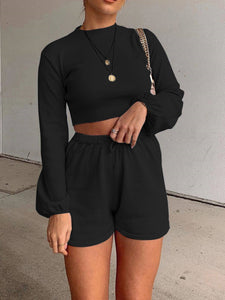 Casual Loose Solid Color Bubble Sleeve Two-piece Suit