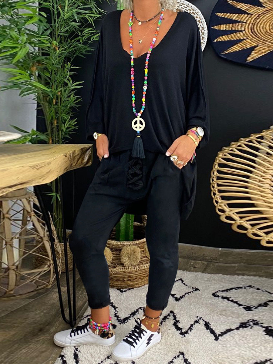 Simple Casual Loose V Neck Long-Sleeved Top Pants Suit