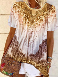 Bohemian Vintage Round Neck Short Sleeve Floral Top