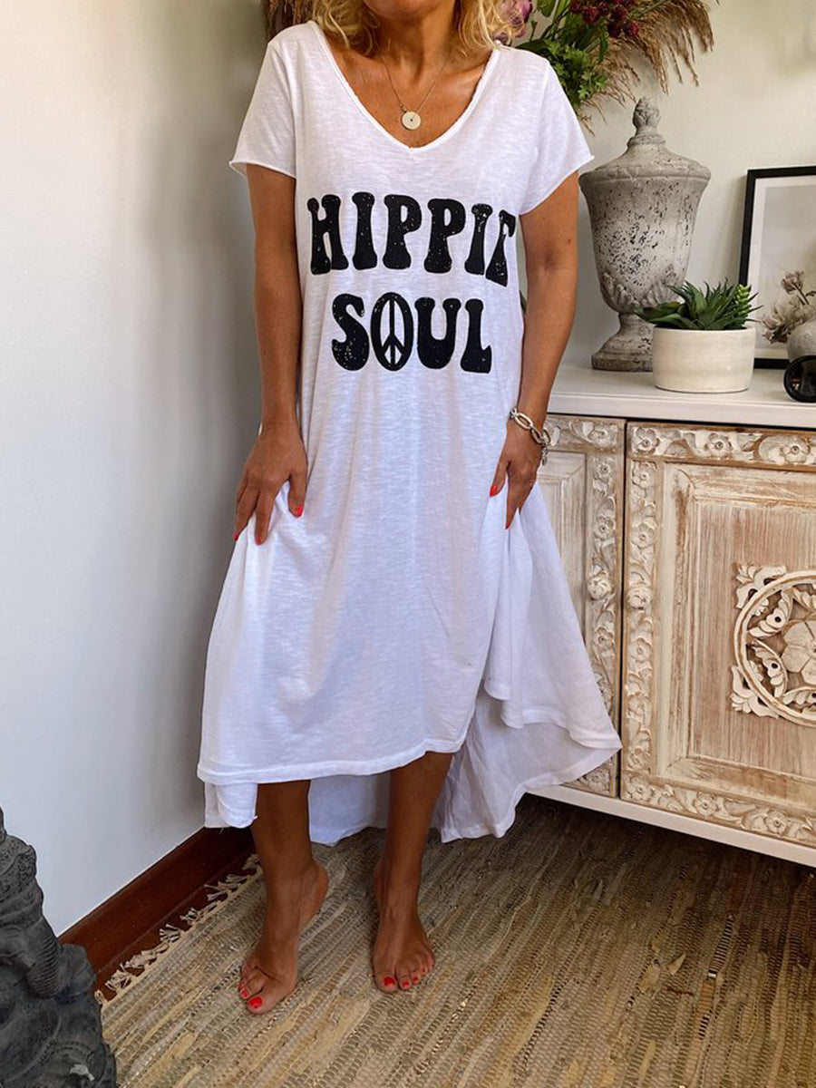 Casual Loose Round Neck Letter Irregular Dress