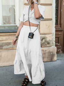 Fashionable Solid Color Short Sleeve V-neck Two-piece Suit