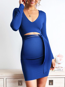 Maternity Casual Deep V-Neck Long Sleeve Pure Color Tight Dress