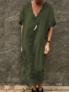 V-neck Solid Color Short Sleeve Dress