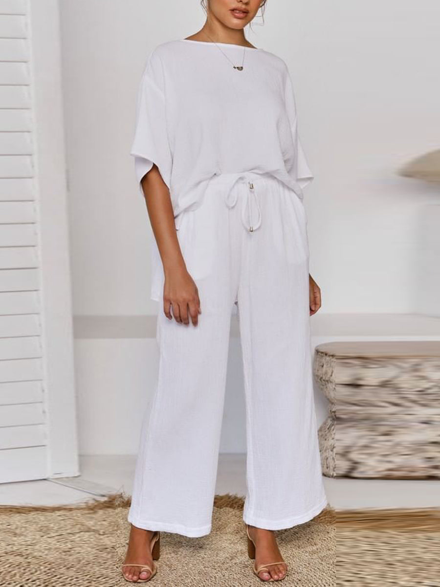 Daily Simple Casual Loose Short Sleeve Top Pants Suit