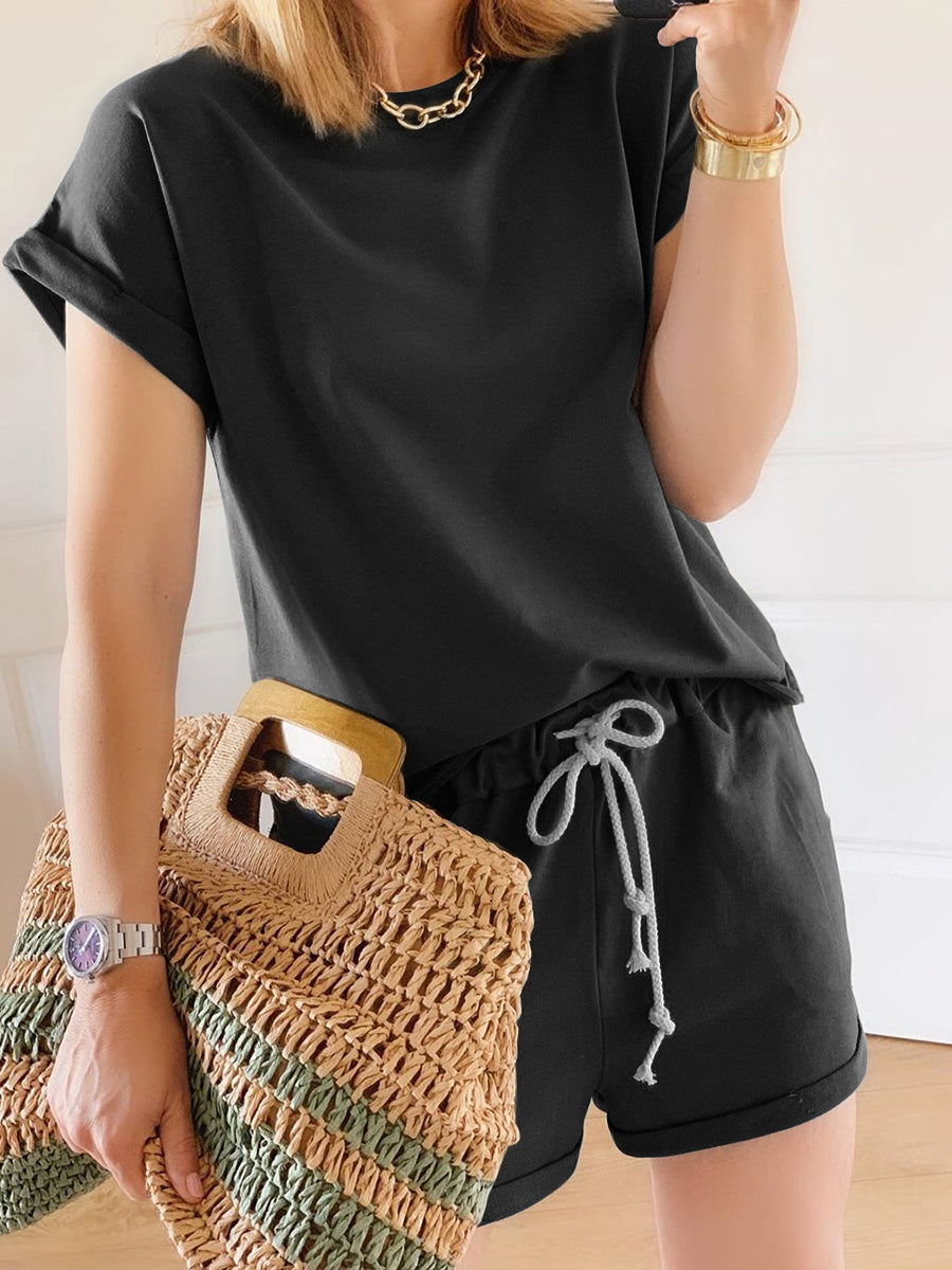 Casual Loose Round Neck Solid Color Two-piece Suit