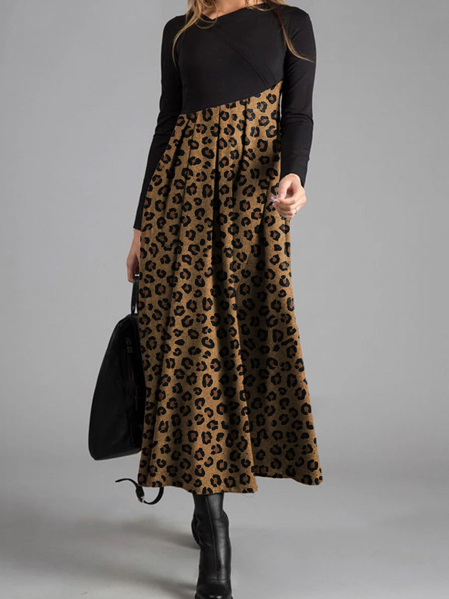 Fashion Casual V-neck Long-sleeved Leopard Print Dress