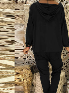 Simple Casual Loose V Neck Hooded Top Pants Suit