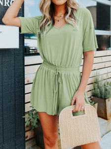 Casual Solid Color V-neck Short Sleeve Jumpsuit