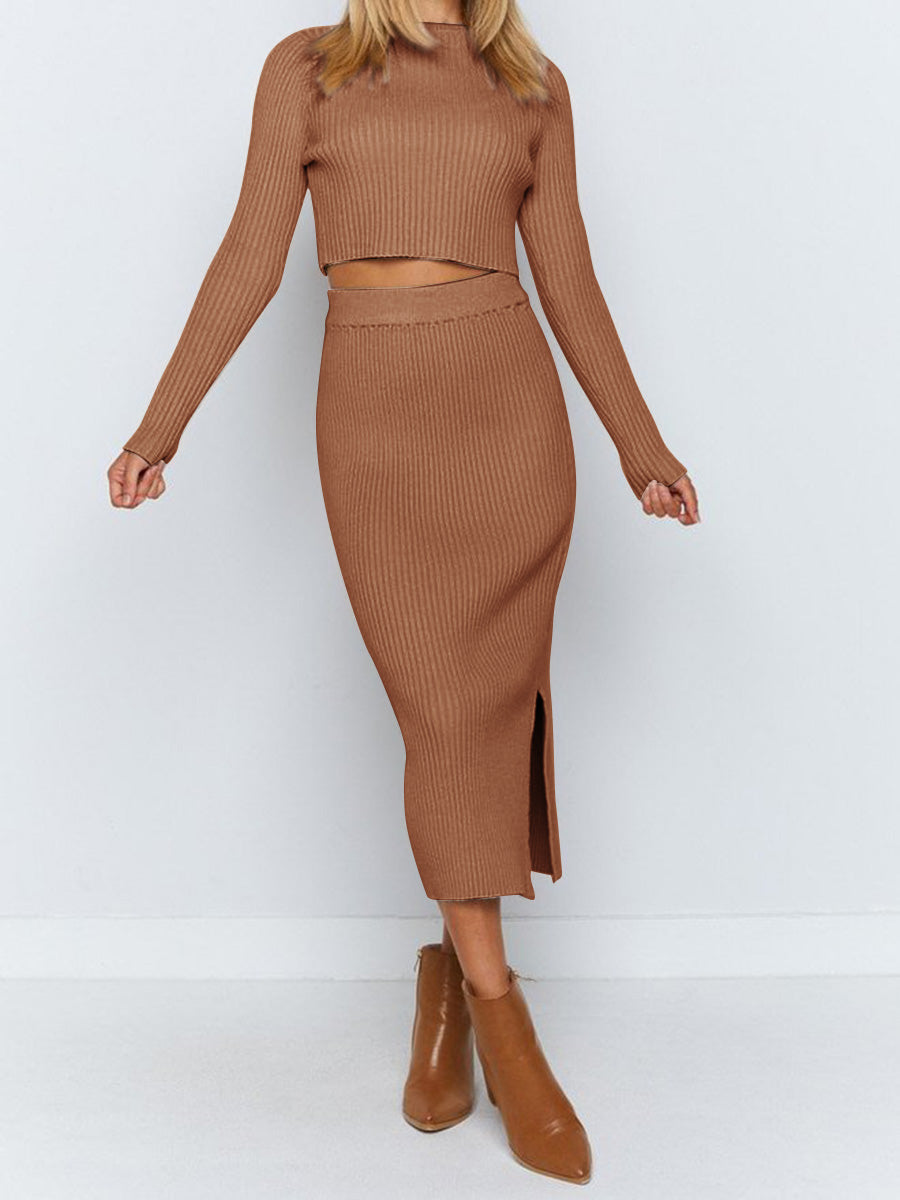 Round Neck Solid Color Knitted Suit Skirt