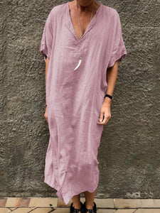 V-neck Solid Color Short Sleeve Dress