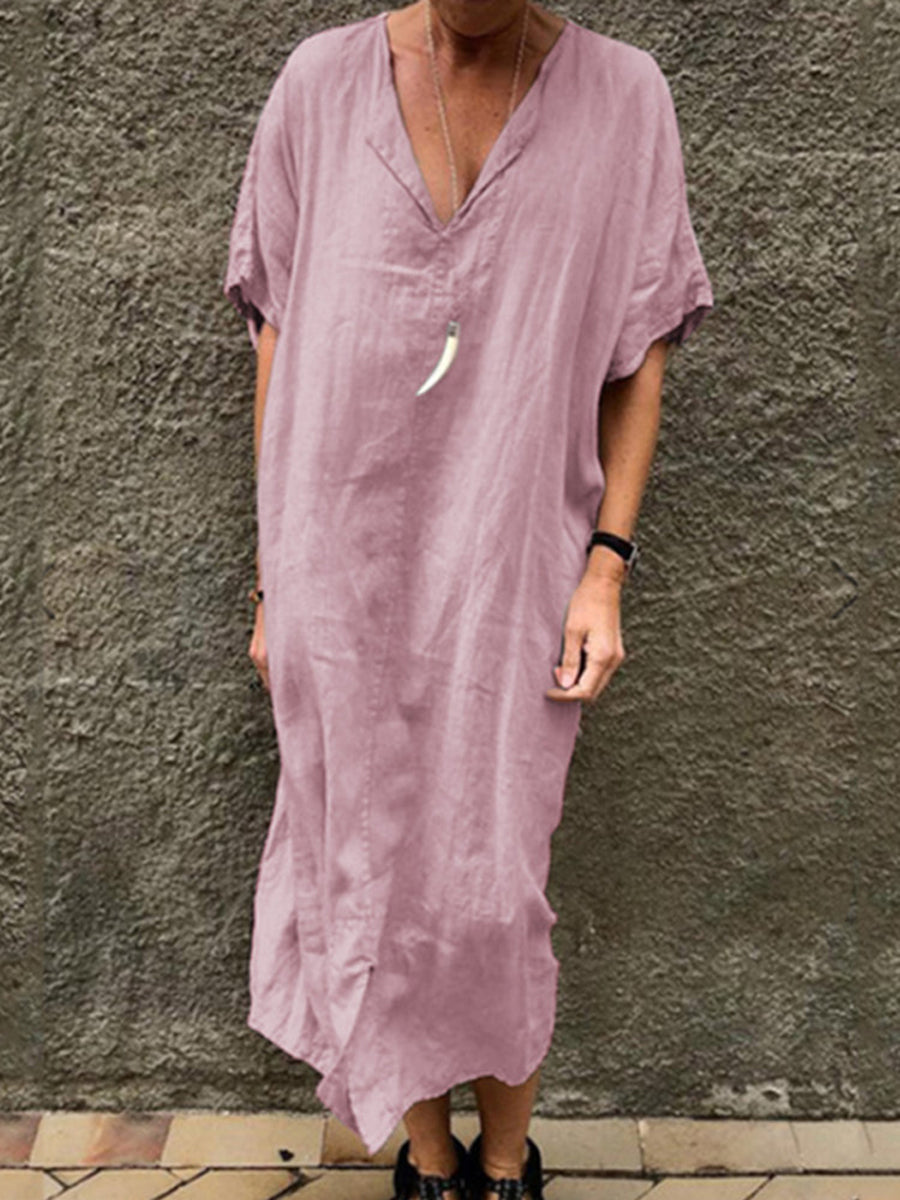 V-neck Solid Color Short Sleeve Dress