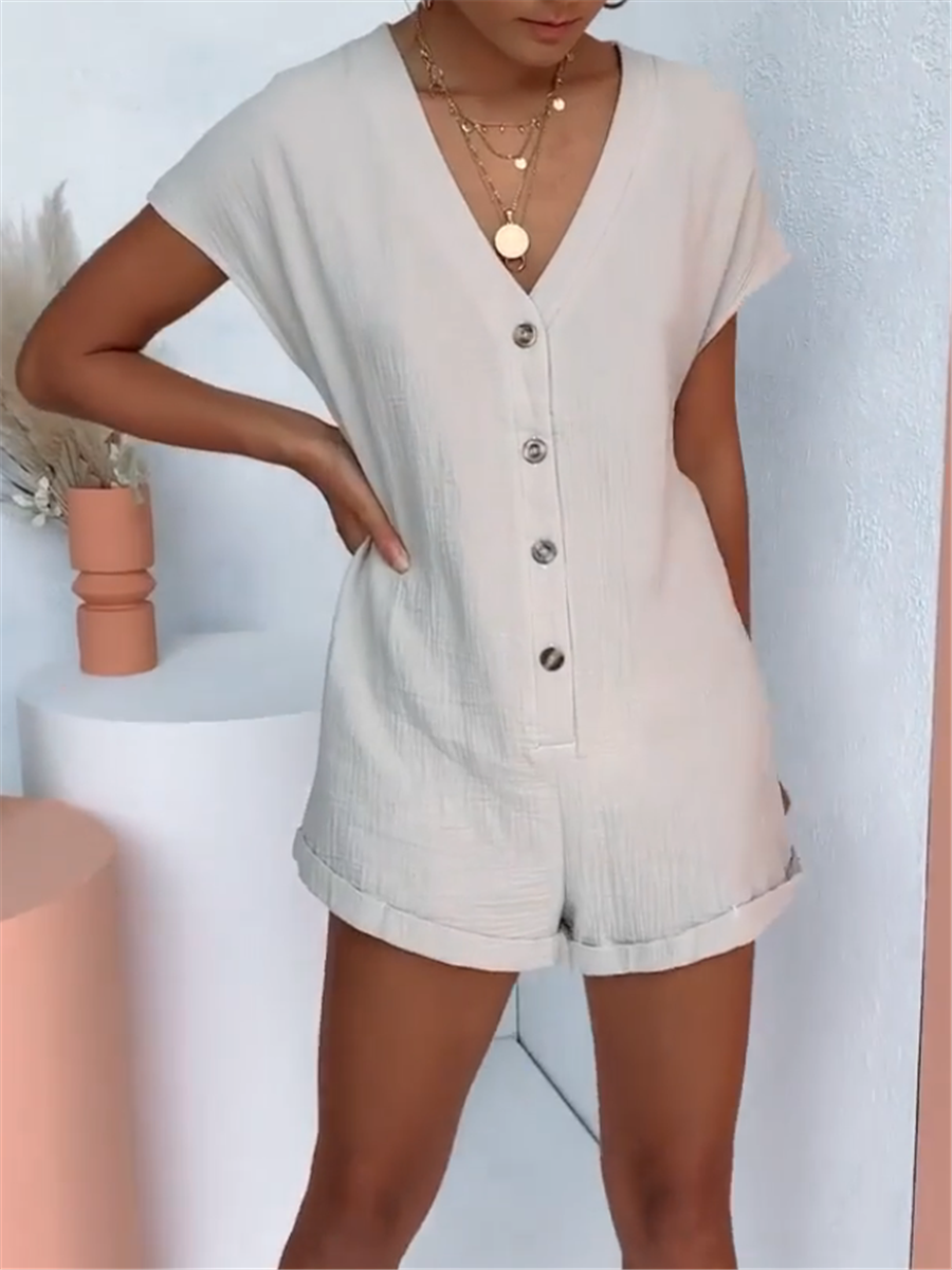 Plain Jumpsuit with V-neck Buttons