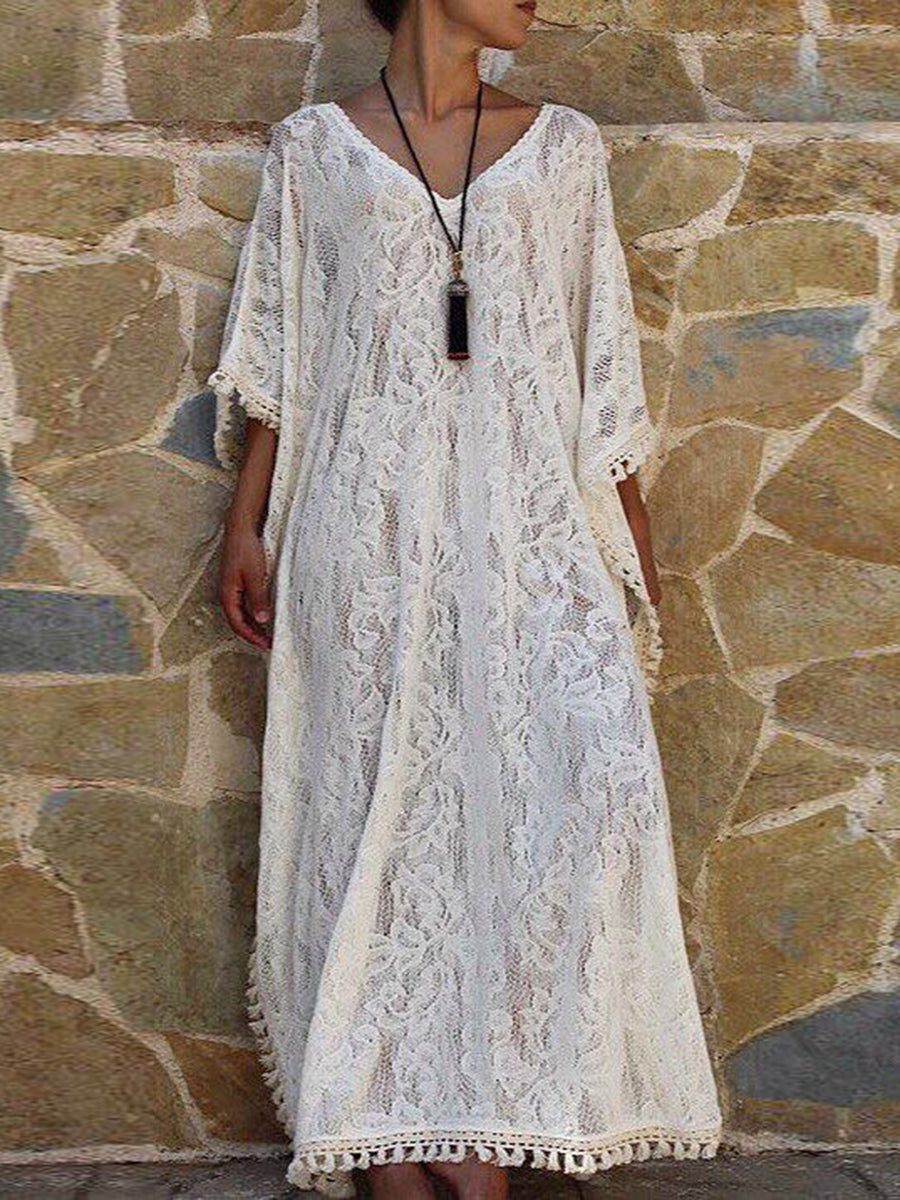 Loose Flower Embroidered Maxi Dress with Tassel Decoration