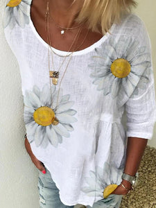 Sunflower Printed Long-Sleeved Round Neck Casual Top T-shirts