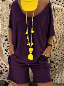 Two-piece Suit with Wings Printed on The Back of Casual Round Neck