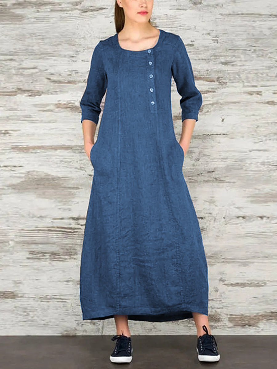 Casual Solid Color Button Design Dress