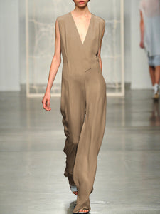 Casual Solid Color Sleeveless V-neck Strappy Jumpsuit