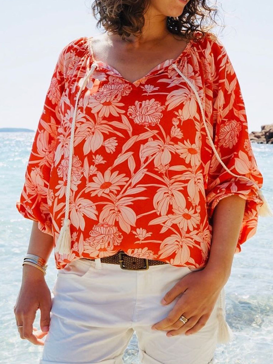 Casual Loose Floral Print Short Sleeve Top