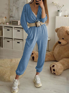 Solid V-neck Long Sleeve Casual Jumpsuit