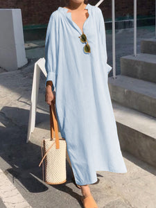 Casual Loose Solid Color V-neck Long Sleeve Dress