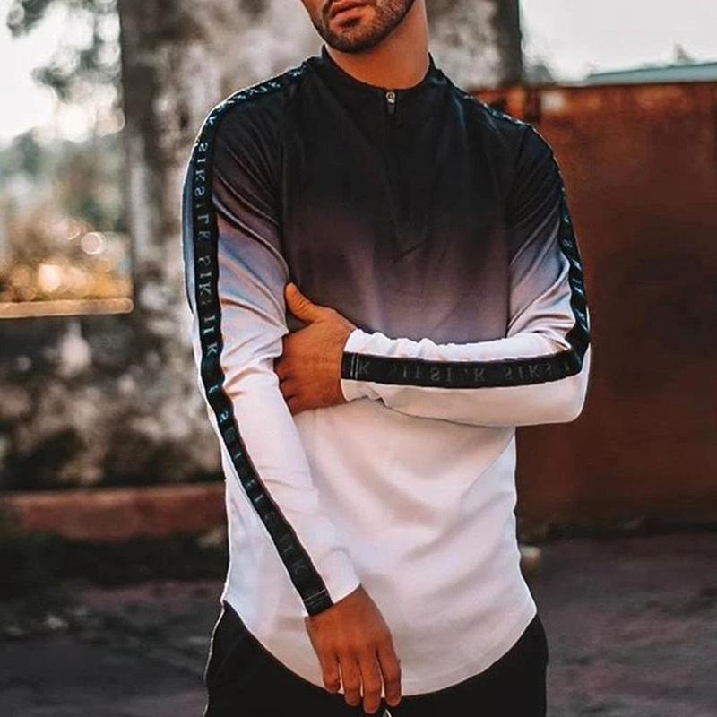 Gradient Side Seam Zipper Neck Long Sleeve T-Shirt