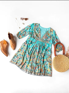 Boho Print 3/4 Sleeve Tassel Mini Dress