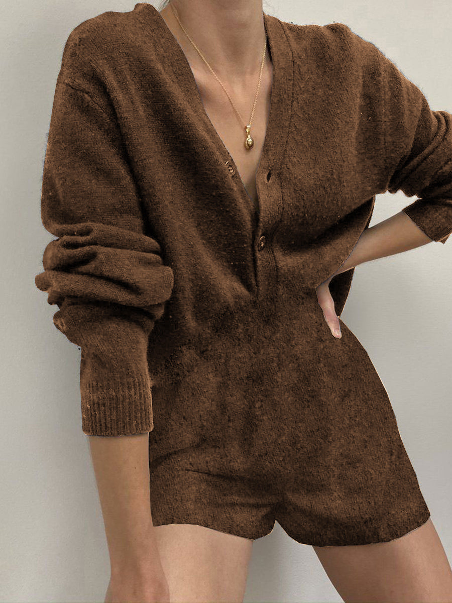 Casual Solid Color V-neck Long-sleeved Jumpsuit