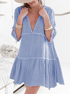 V-Neck Solid Color Cotton and Linen Dress
