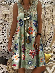V-neck Sleeveless Printed Midi Dress