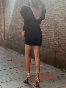 Puff Sleeve V-neck Slim Long Sleeve Evening Dress
