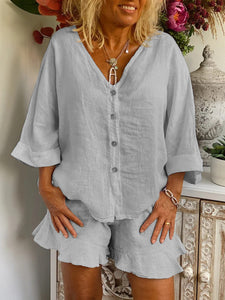 Simple Casual Loose V Neck Shirt Shorts Suit
