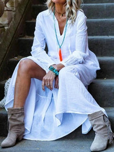 V-Neck Solid Color Loose Long Dress