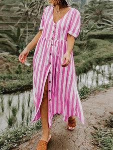 Short Sleeve Button V-neck Stripe Dress