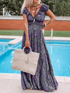 Bohemian Deep V Neck Petal Sleeve Printed Maxi Dress