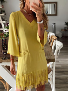 Solid Color V-Neck Tassel Dress
