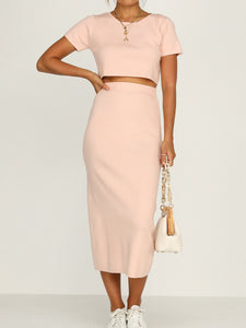 Sexy Solid Color Round Neck Short Sleeve Two-piece Suit