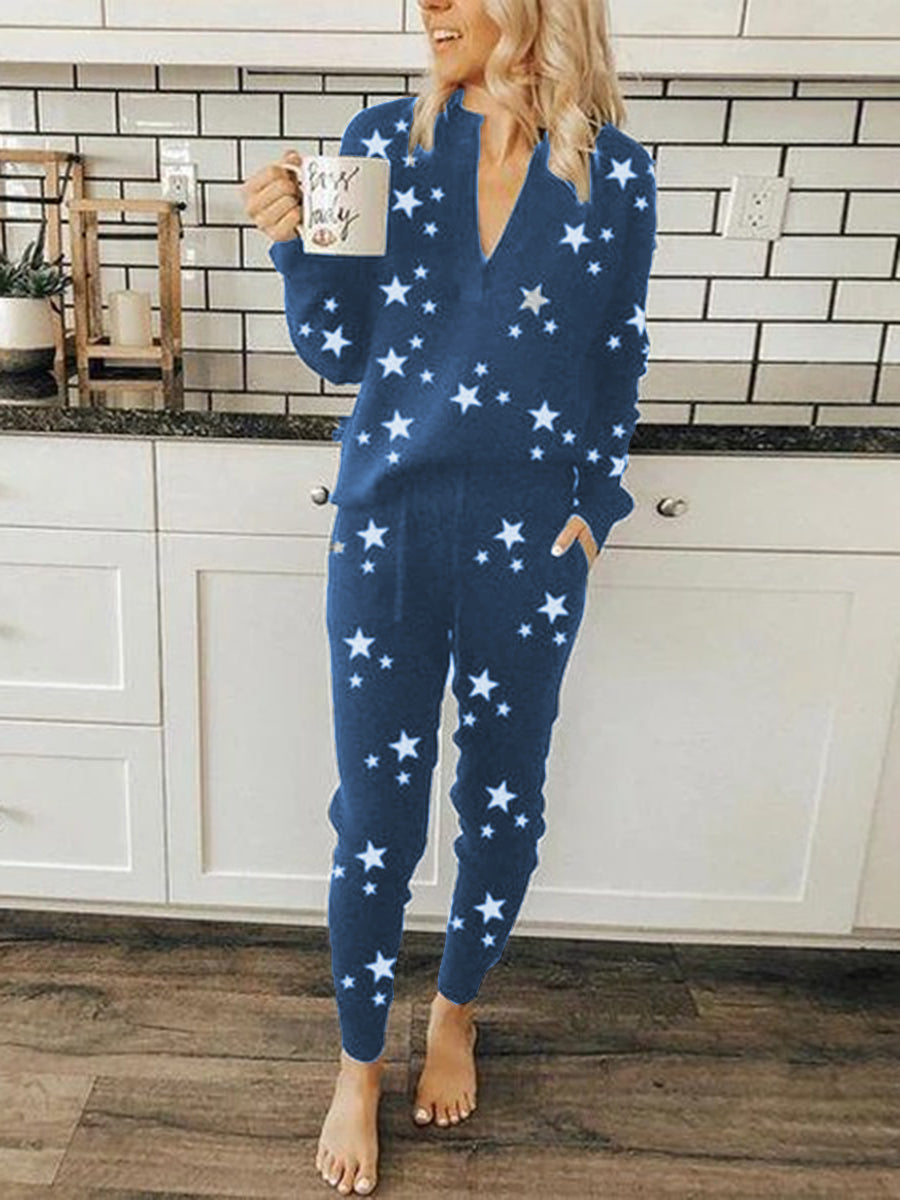 Casual Loose V-Neck Top Pants Starry Sky Suit