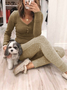 Casual V-neck Solid Color Slim Two-piece Suit