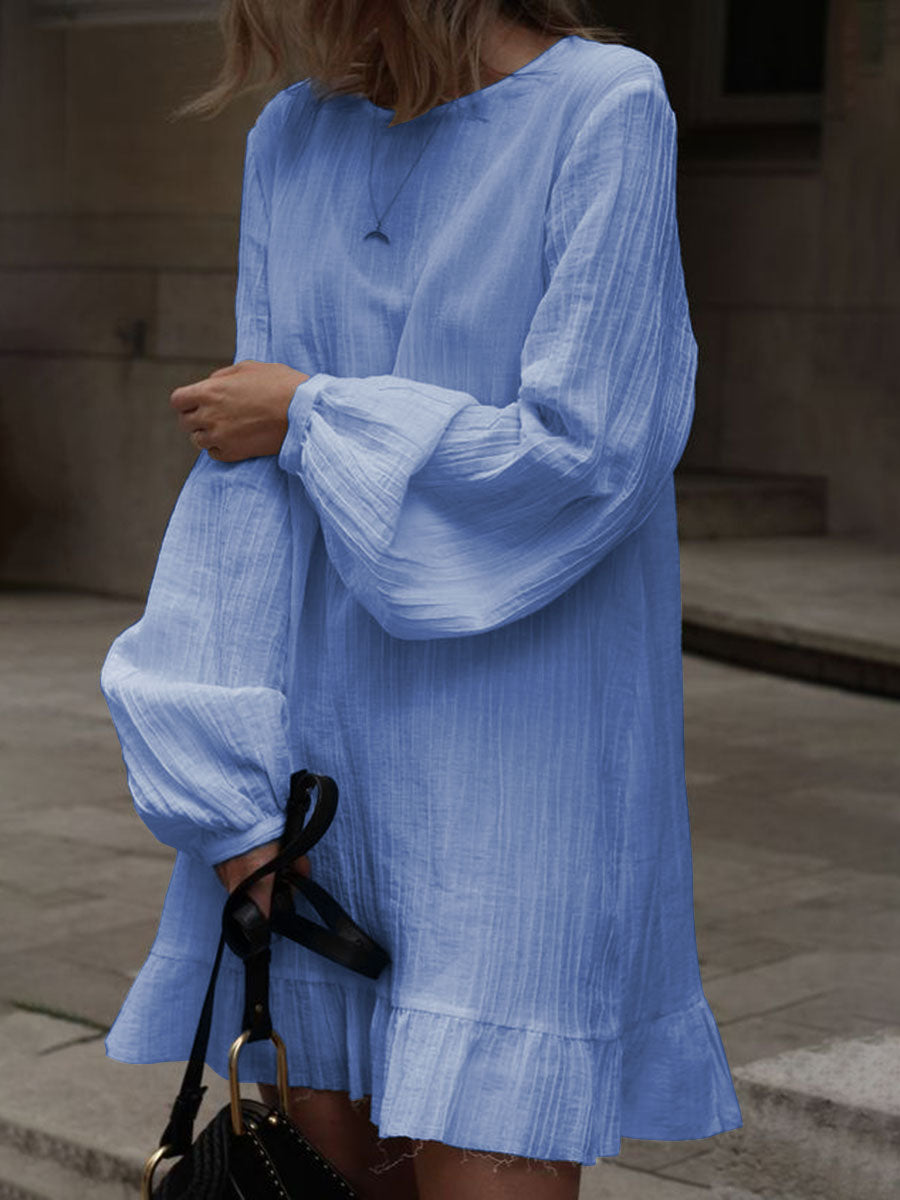 Fashionable Solid Color Round Neck Long Sleeve Dress